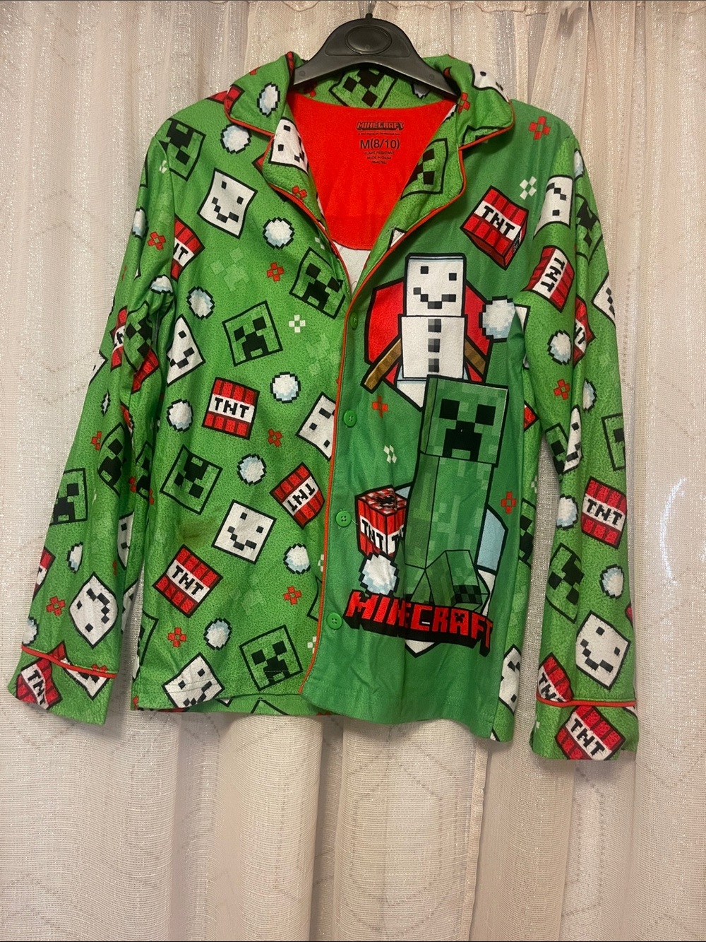 Minecraft Kids Green Fleece Pajama Top - Snow Golem & Creeper